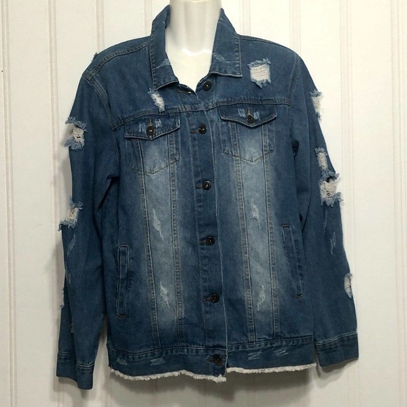 Boho Denim Jacket Graphic Distressed Size M - Picture 6 of 9